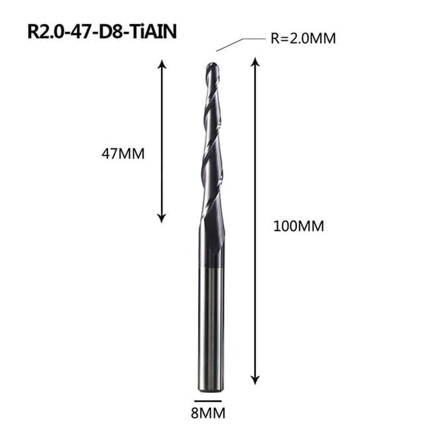 Planet Gates R2.0-47-D8-TiAlN Tungsten Solid Carbide End Mill 4mm 6mm 8mm Ball Nose Tapered End Mills Router Bits CNC Taper Wood Metal Milling Cutter