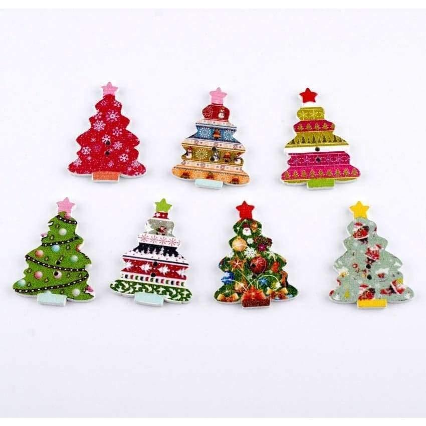 Planet Gates Random 100pcs Mixed 2 Holes Christmas Tree Wood Sewing Buttons Scrapbooking 25x35mm J1559