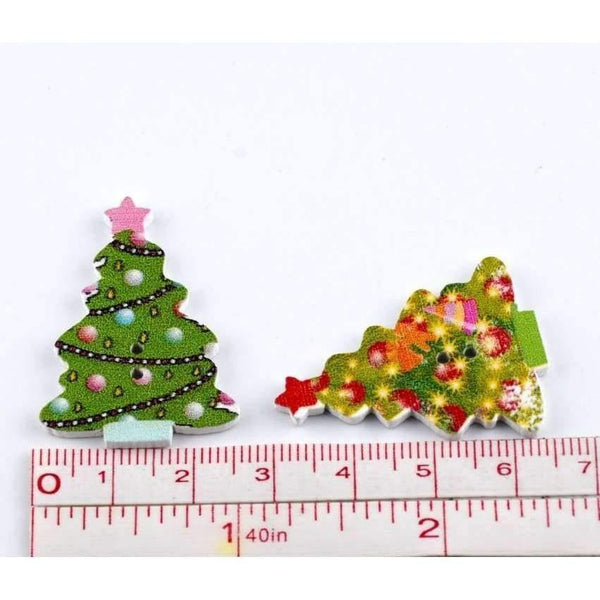 Planet Gates Random 100pcs Mixed 2 Holes Christmas Tree Wood Sewing Buttons Scrapbooking 25x35mm J1559