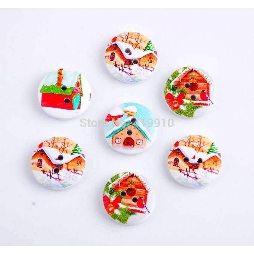 Planet Gates Random 50pcs Mixed Christmas day Round Christmas Cabin Wood Sewing Buttons Scrapbooking 20mm J1470