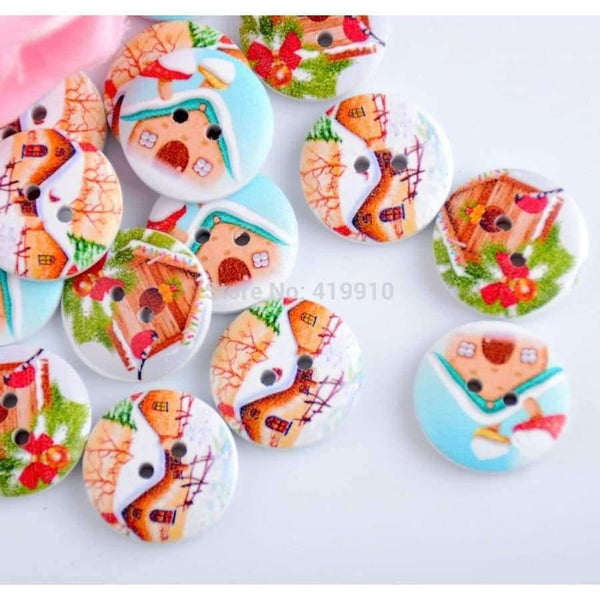 Planet Gates Random 50pcs Mixed Christmas day Round Christmas Cabin Wood Sewing Buttons Scrapbooking 20mm J1470