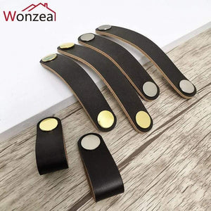 Real Leather Handle Soft Brown Furniture Cupboard Cabinet Pull Wardrobe Dresser Drawer Closet Door Knobs Hardware Accessories