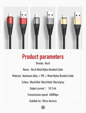 Planet Gates Red / 0.5m ROCK Metal Micro USB Cable 2.4A for Samsung Xiaomi Redmi Note 5 Pro LG USB Nylon Braided Fast Charge Data Charging Phone Charger