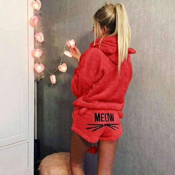Planet Gates red-10 / S Women Coral Velvet Suit Two Piece Autumn Winter Pajamas Warm Sleepwear Cute Cat Meow Pattern Hoodies Shorts Set VANGULL 2018 New