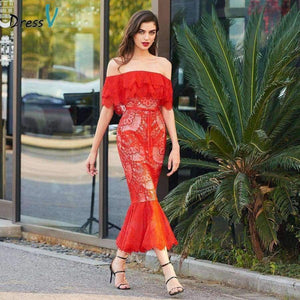 Planet Gates Red / 2 Cocktail dress elegant off the shoulder zipper up mermaid lace wedding party formal dress trumpet cocktail dresses