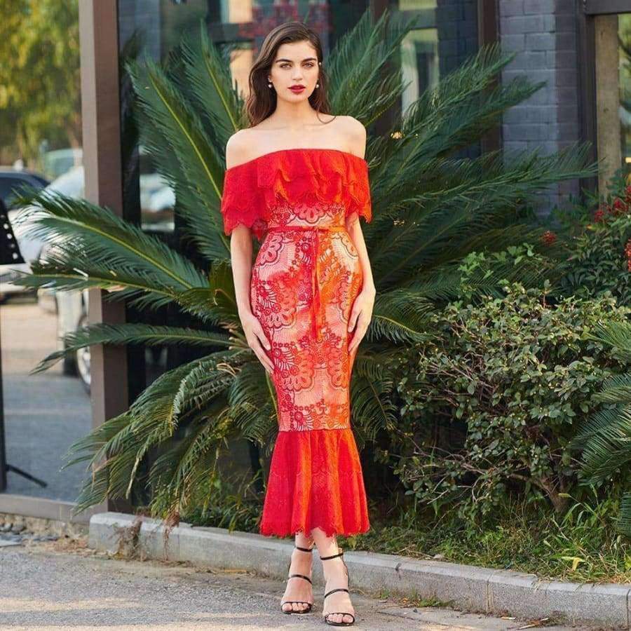 Planet Gates Red / 2 Cocktail dress elegant off the shoulder zipper up mermaid lace wedding party formal dress trumpet cocktail dresses