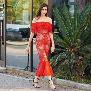 Planet Gates Red / 2 Cocktail dress elegant off the shoulder zipper up mermaid lace wedding party formal dress trumpet cocktail dresses