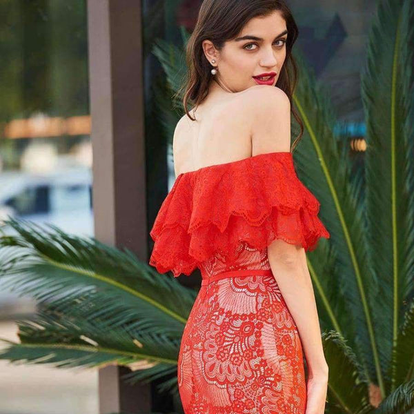 Planet Gates Red / 2 Cocktail dress elegant off the shoulder zipper up mermaid lace wedding party formal dress trumpet cocktail dresses