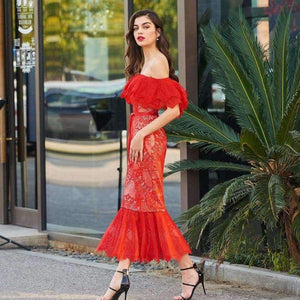 Planet Gates Red / 2 Cocktail dress elegant off the shoulder zipper up mermaid lace wedding party formal dress trumpet cocktail dresses