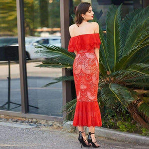 Planet Gates Red / 2 Cocktail dress elegant off the shoulder zipper up mermaid lace wedding party formal dress trumpet cocktail dresses
