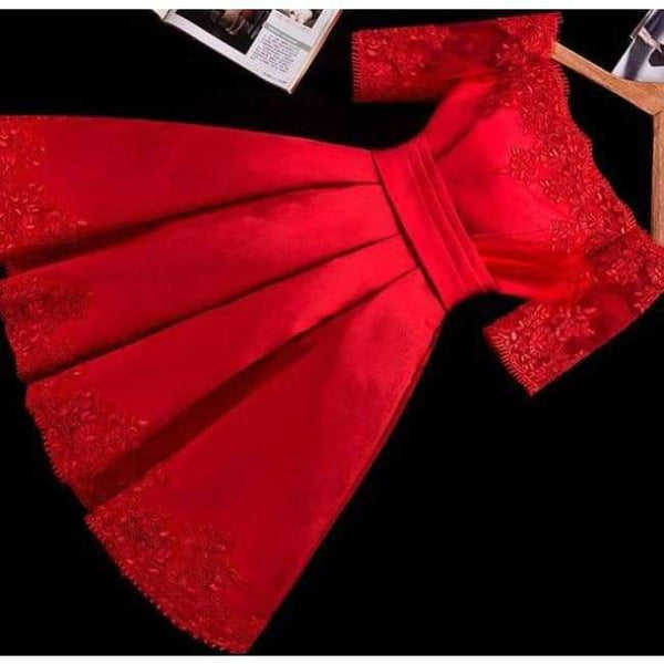 Planet Gates red / 2 Jersey Short Sleeve Ball Gown Embroidery Lace Special Occasion Women Evening Party Knee Length robe de Cocktail Dresses