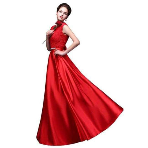 Planet Gates Red / 2 Long Lace Dark Pink Evening Dresses 2018 A-line Floor-Length Formal Party Prom Dresses O-neck Sleeveless Bow