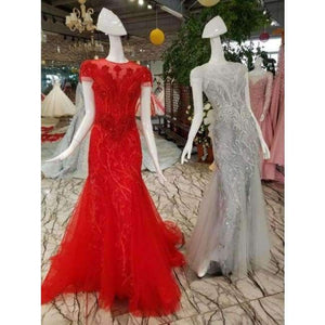 Planet Gates Red / 2 Luxury crystals Tassels cap sleeves sexy beaded illusion neckline design mermaid evening dress xj01980