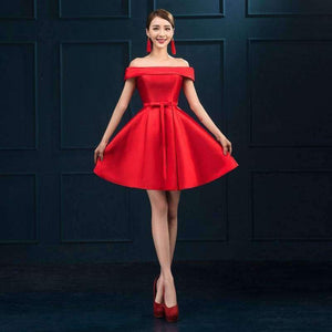 Planet Gates Red / 2 New arrival simple cocktail party Dresses Vestido de Festa boat neck lace-up short style dresses satin ribbons bow