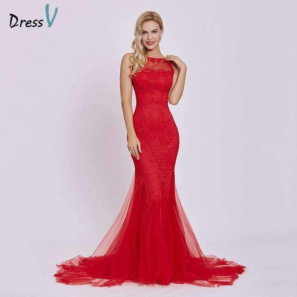 Red evening dress cheap sleeveless mermaid scoop neck backless sweep train wedding party formal trumpet evening dresses