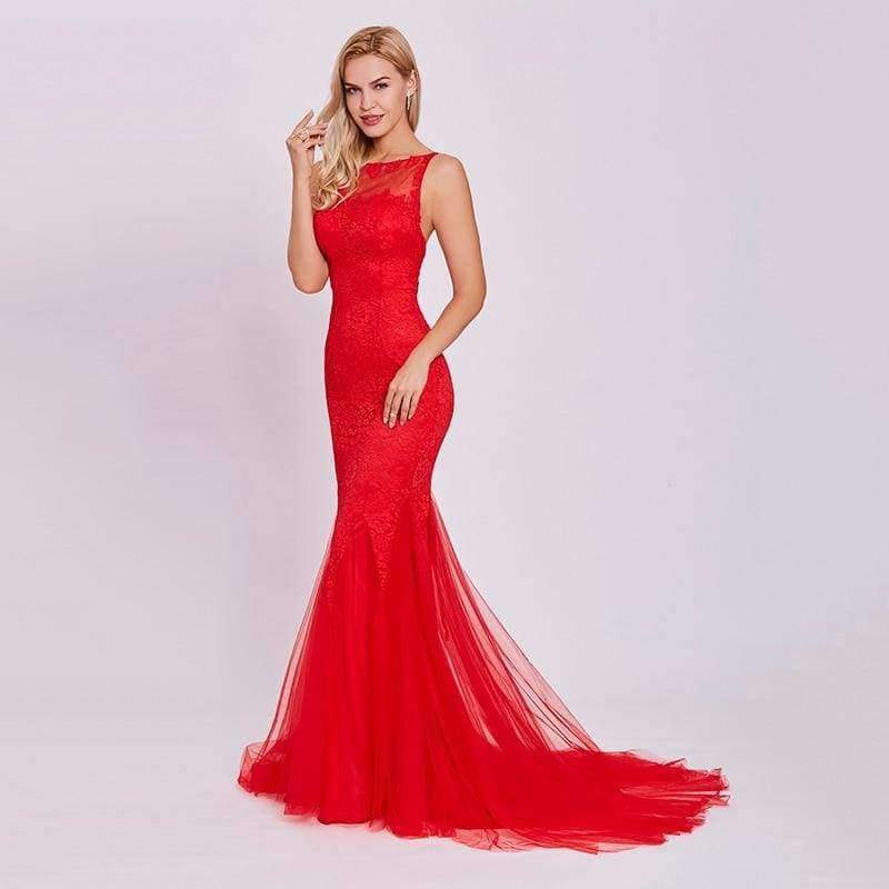 Red evening dress cheap sleeveless mermaid scoop neck backless sweep train wedding party formal trumpet evening dresses