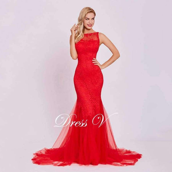 Planet Gates Red / 2 Red evening dress cheap sleeveless mermaid scoop neck backless sweep train wedding party formal trumpet evening dresses