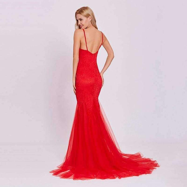 Red Evening Dress Cheap Sleeveless Mermaid Scoop Neck Backless Sweep Train Wedding Party Formal Trumpet Evening Dresses