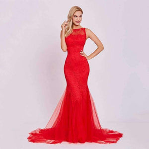 Planet Gates Red / 2 Red evening dress cheap sleeveless mermaid scoop neck backless sweep train wedding party formal trumpet evening dresses