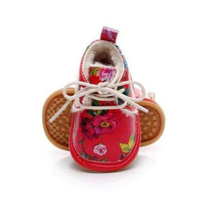 Planet Gates red / 2 Winter super warm floral printing PU leather with fur baby moccasins infant baby girl boys shoes lace up boot