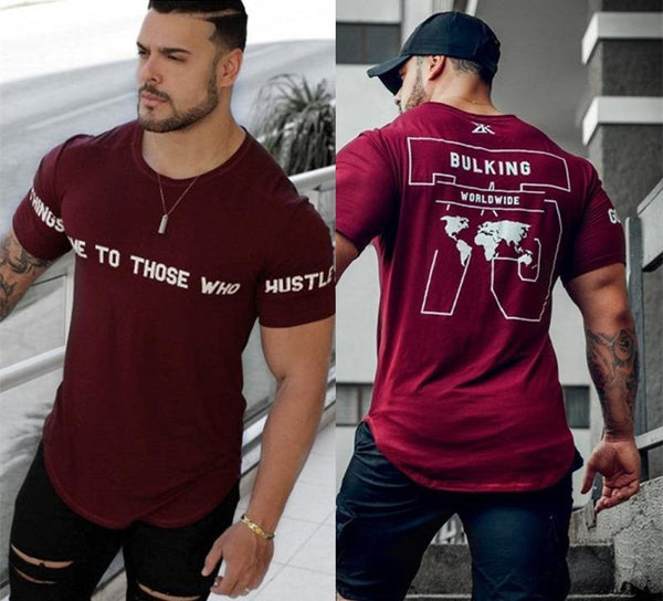 Men Summer Gyms Fitness Workout T-shirt Short Sleeve Cotton Slim T Shirt Male Casual Fashion O-Neck Print Tee Tops Clothing