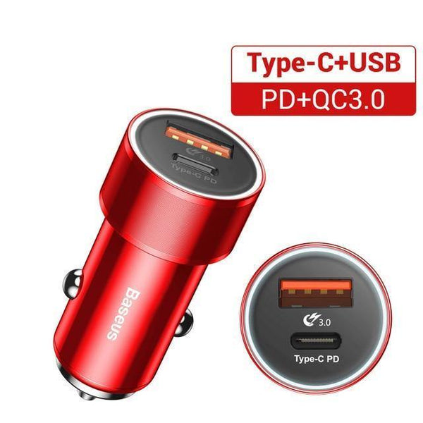 Planet Gates Red 36W Dual USB Quick Charge QC 3.0 Car Charger For iPhone USB Type-C PD Fast Charger Mobile Phone Quick Charger Car-Charger