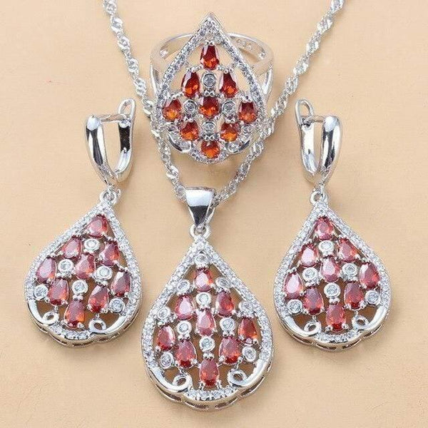 Planet Gates Red 3PCS / 7 925 Sterling Silver With Natural Stone CZ Jewelry Sets For Women Fashion Wedding Party Costume Women Sets