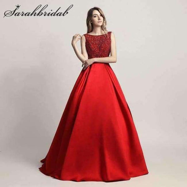 Planet Gates Red / 4 Beaded Evening Dresses Long Elegant O Neck Sexy Backless Satin Vestido Longo In Stock Floor Length Prom Gowns CC443