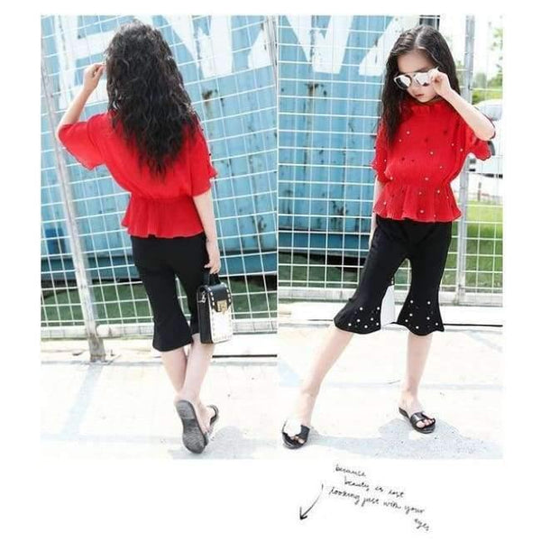 Planet Gates Red / 4T Summer Pink Red Girls Clothing Sets 5 6 7 8 9 10 11 12 13 12 13 14 Kids Shirts + Pants 2pcs Teenage Baby Girls Clothes Sets