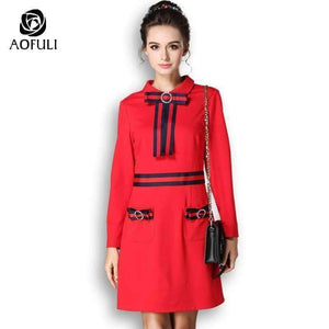 Planet Gates Red / 4XL AOFULI Runway Style Brand Pencil Dress Red Fashion Stripe Bow Tie Slim Dress Big Size Women Clothing S- XXXL 4XL 5XL B5990