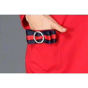 Planet Gates Red / 4XL AOFULI Runway Style Brand Pencil Dress Red Fashion Stripe Bow Tie Slim Dress Big Size Women Clothing S- XXXL 4XL 5XL B5990