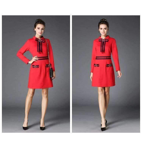 Planet Gates Red / 4XL AOFULI Runway Style Brand Pencil Dress Red Fashion Stripe Bow Tie Slim Dress Big Size Women Clothing S- XXXL 4XL 5XL B5990