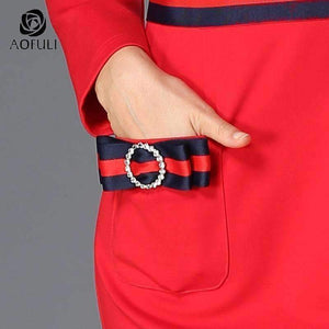 Planet Gates Red / 4XL AOFULI Runway Style Brand Pencil Dress Red Fashion Stripe Bow Tie Slim Dress Big Size Women Clothing S- XXXL 4XL 5XL B5990