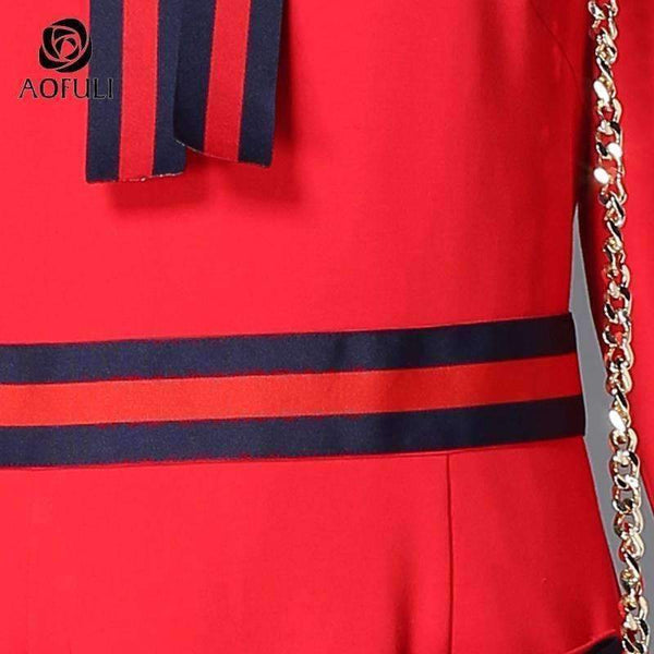 Planet Gates Red / 4XL AOFULI Runway Style Brand Pencil Dress Red Fashion Stripe Bow Tie Slim Dress Big Size Women Clothing S- XXXL 4XL 5XL B5990