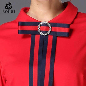 Planet Gates Red / 4XL AOFULI Runway Style Brand Pencil Dress Red Fashion Stripe Bow Tie Slim Dress Big Size Women Clothing S- XXXL 4XL 5XL B5990