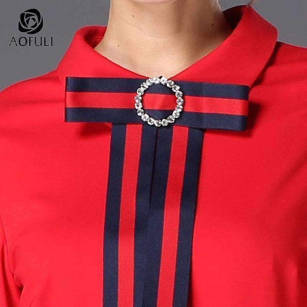 Planet Gates Red / 4XL AOFULI Runway Style Brand Pencil Dress Red Fashion Stripe Bow Tie Slim Dress Big Size Women Clothing S- XXXL 4XL 5XL B5990