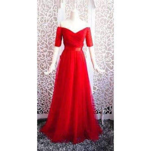 Planet Gates Red / 6 -Emily Long Purple Red Gray Cheap Bridesmaid Dresses 2018 A-Line Off the Shoulder Half Sleeve Vestido da dama de honra