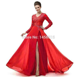 Planet Gates Red / 6 Long Sleeve A Line V Neck Chiffon Lace Beaded Long Evening Dresses 2018 Robe De Soiree Manche Longue 122416W