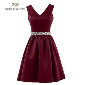 Planet Gates red / 6 Satin Crystal beading Sashes Bridesmaid Dresses V-neck Wedding Party Dress Simple Cheap Bridesmaid Gown Knee Length