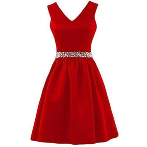 Planet Gates red / 6 Satin Crystal beading Sashes Bridesmaid Dresses V-neck Wedding Party Dress Simple Cheap Bridesmaid Gown Knee Length
