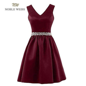 Planet Gates red / 6 Satin Crystal beading Sashes Bridesmaid Dresses V-neck Wedding Party Dress Simple Cheap Bridesmaid Gown Knee Length