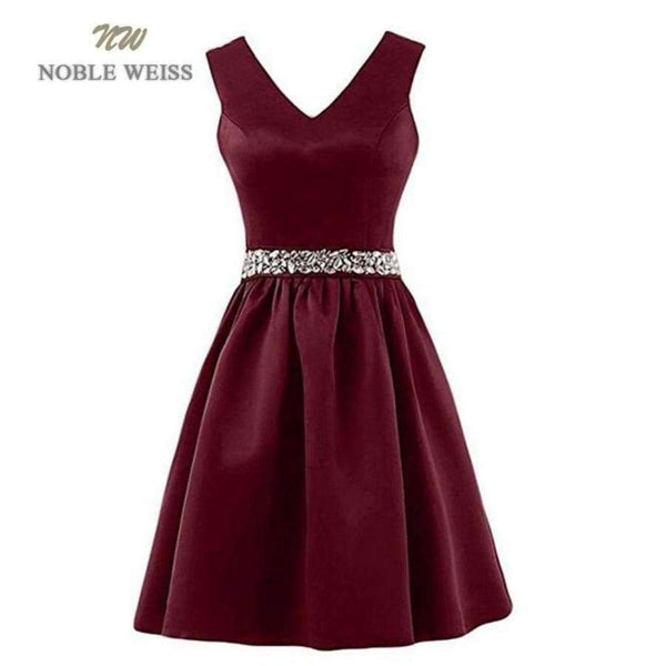 Planet Gates red / 6 Satin Crystal beading Sashes Bridesmaid Dresses V-neck Wedding Party Dress Simple Cheap Bridesmaid Gown Knee Length