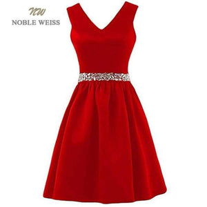 Planet Gates red / 6 Satin Crystal beading Sashes Bridesmaid Dresses V-neck Wedding Party Dress Simple Cheap Bridesmaid Gown Knee Length