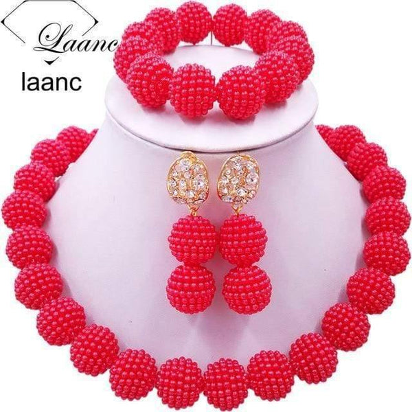 Planet Gates Red African Beads Jewelry Set for Nigerian Wedding Simulated Pearl Necklace and Earrings SP1R004