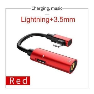 Planet Gates Red Audio Cable for Apple plug 2in1 Fast Charging 3.5mm Audio Converter Adapter for iPhone X XS Max XR 8 Headphone Support MIC