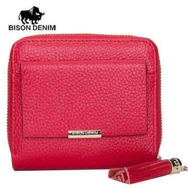 Planet Gates red BISON DENIM 100% Leather Women's Purse Zipper Coin Pocket Wallet Card Holder Female Money Bag Small carteira feminina N3276