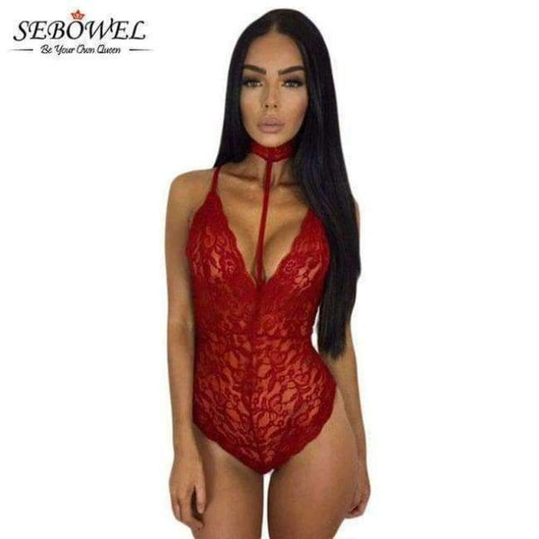 Planet Gates Red bodysuit / L / China Elegant Floral Red Lace Bodysuit Women Backless Deep V Neck Sexy Bodysuit Bodycon Halter Sleeveless Jumpsuit Romper