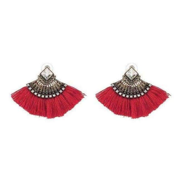 Planet Gates Red Bohemia Dangle Drop Earrings Women Accessories Fan Shaped Cotton Handmade Tassels Fringed Earrings Ethnic Jewelry