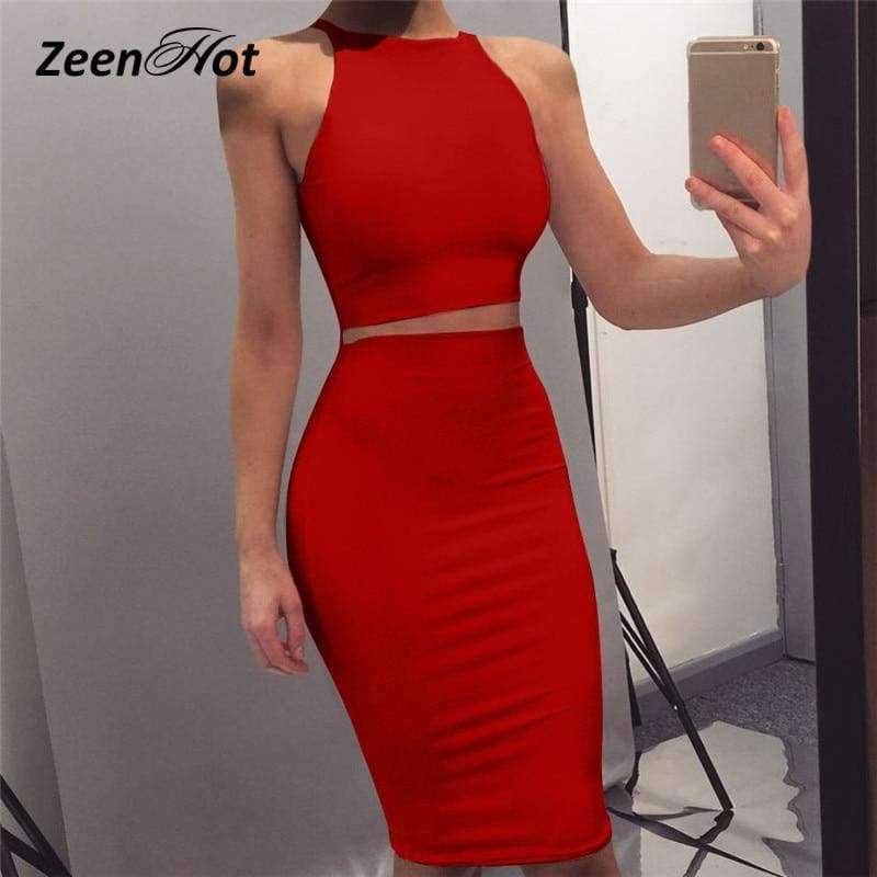 Planet Gates red dress / S Women 2 Piece Party Dress 2018 Solid Sleeveless O-Neck Bodycon Dresses Vestidos Sexy Off Shoulder Knee-Length Dress Two Piece