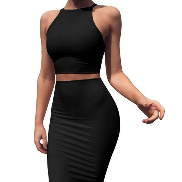 Planet Gates red dress / S Women 2 Piece Party Dress 2018 Solid Sleeveless O-Neck Bodycon Dresses Vestidos Sexy Off Shoulder Knee-Length Dress Two Piece